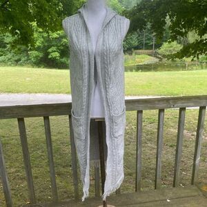 Cupcakes & Cashmere Grey Fringe Cardigan Knitted Boho Hippie Maxi Sweater Sz Sm